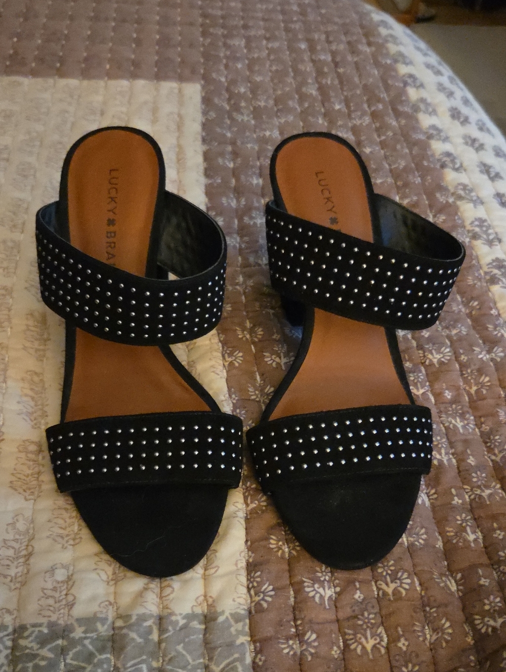 Lucky Brand Black Studded Double Strap Mules